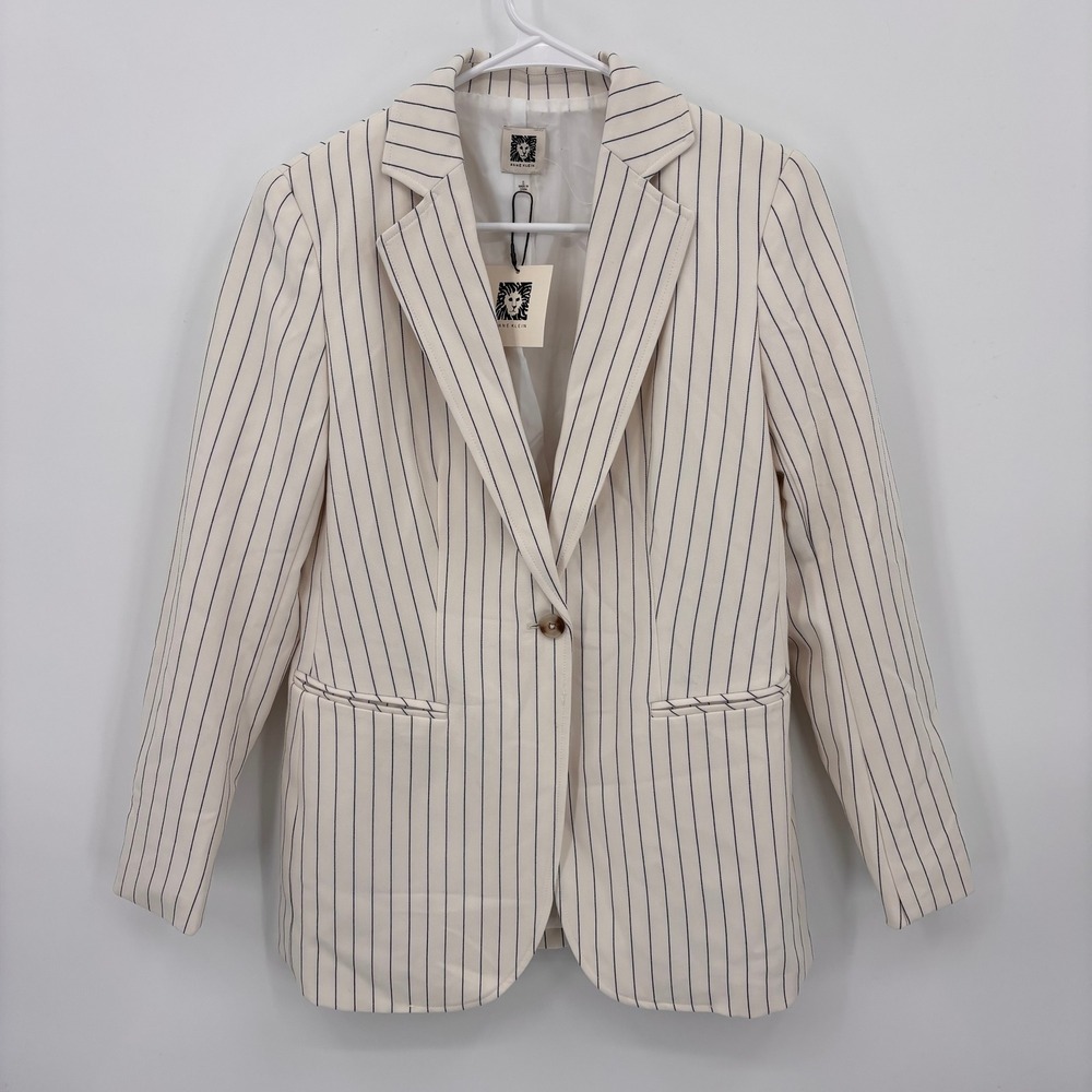 Anne Klein Blazer Womens Small Vanilla Ice Navy Pinstripe NWT Single Button Coat